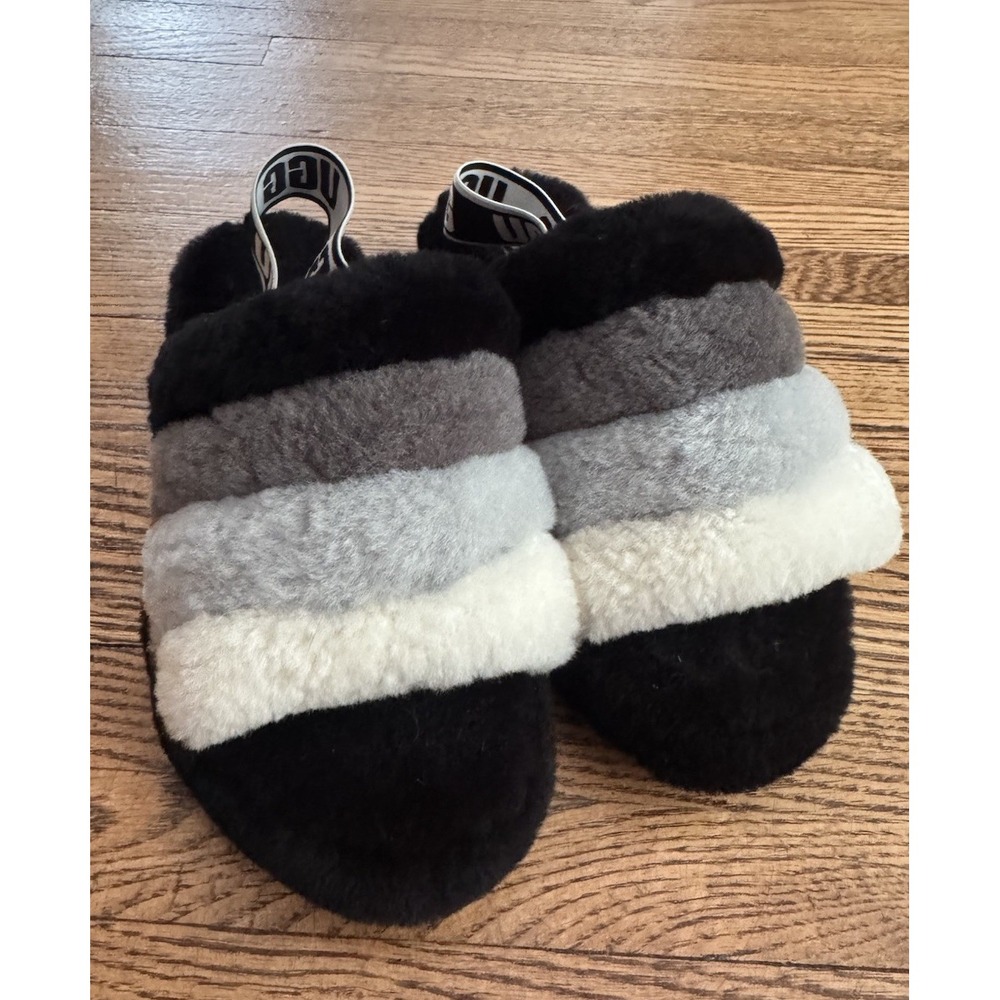 UGG Fluff Yeah Slide Women's 6 Black Gray White Sheepskin Slingback